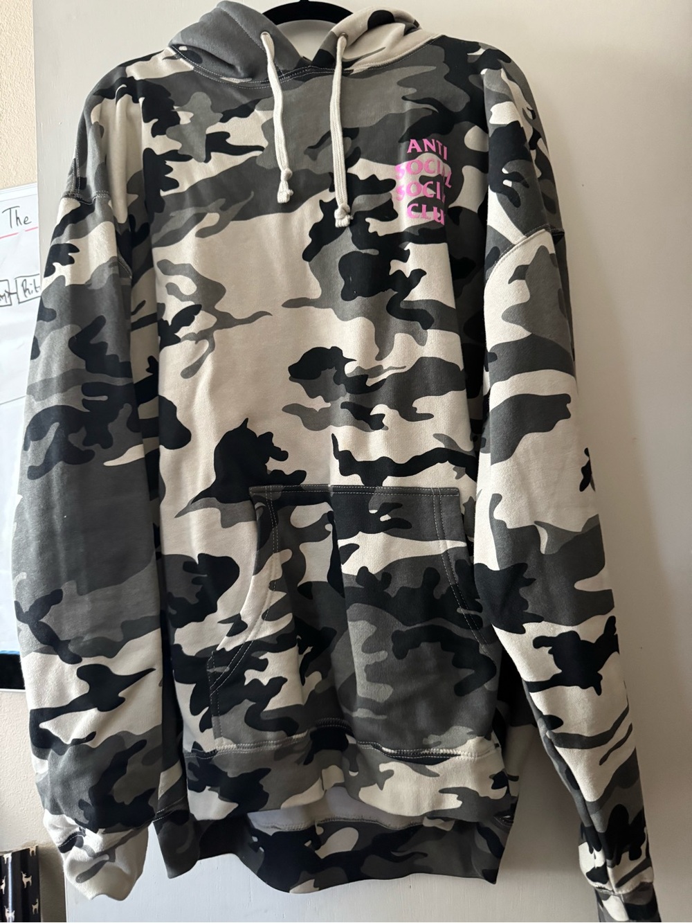 Anti Social Social Club Grey Black Camo Hoodie with Pink Logo